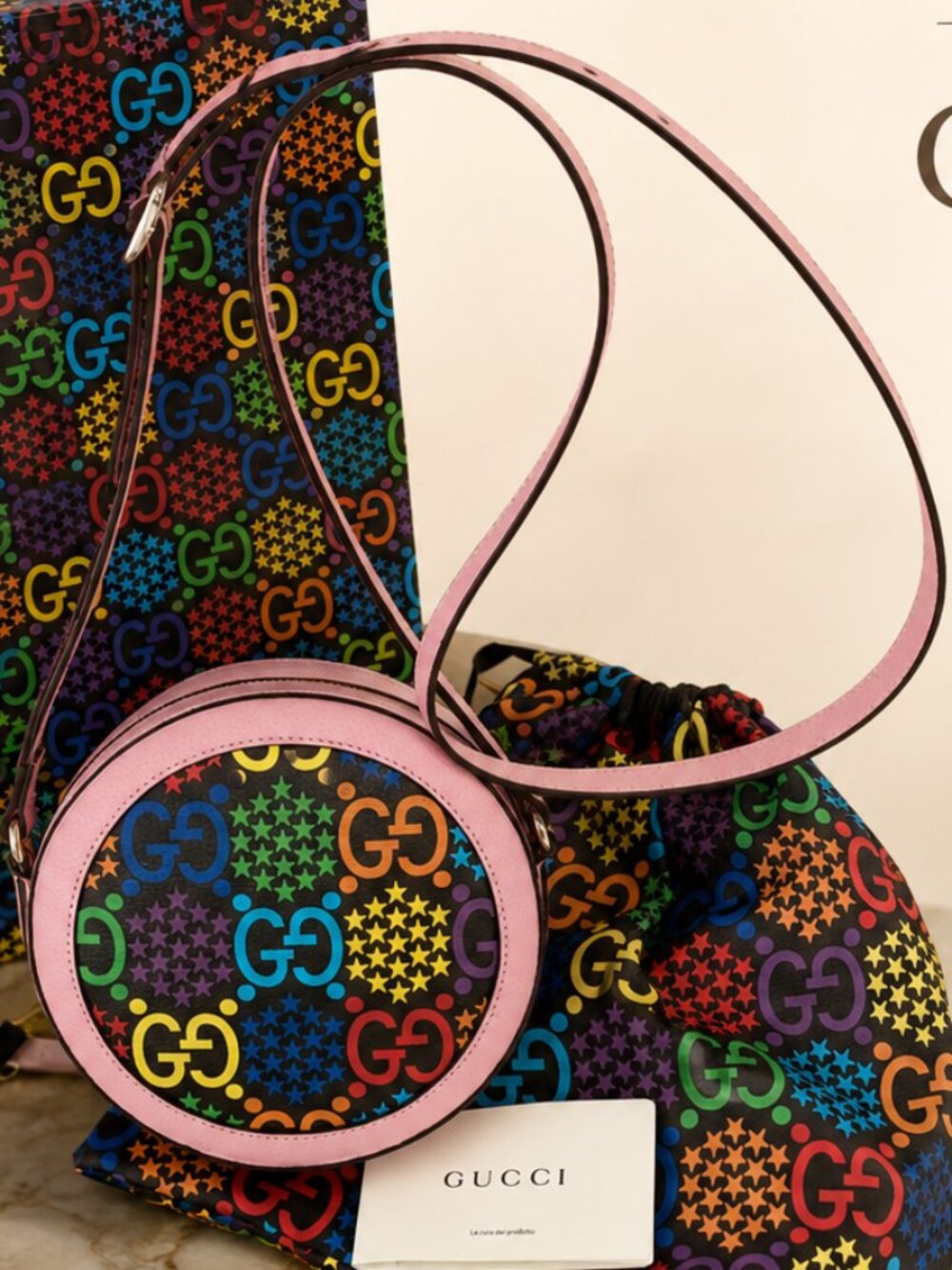 $2,250 GUCCI New GG Psychedelic Round Shoulder Bag GG Logo multicolored pink